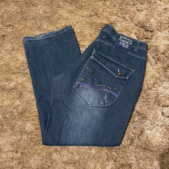 Y2K Raider Jean Co. Baggy Dark Wash Embroidered Baggy Jeans 38 X 32 - Picture 1 of 8